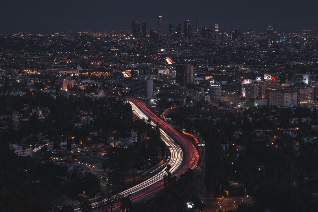 Long-exposure traffic flow on an urban freeway at night
